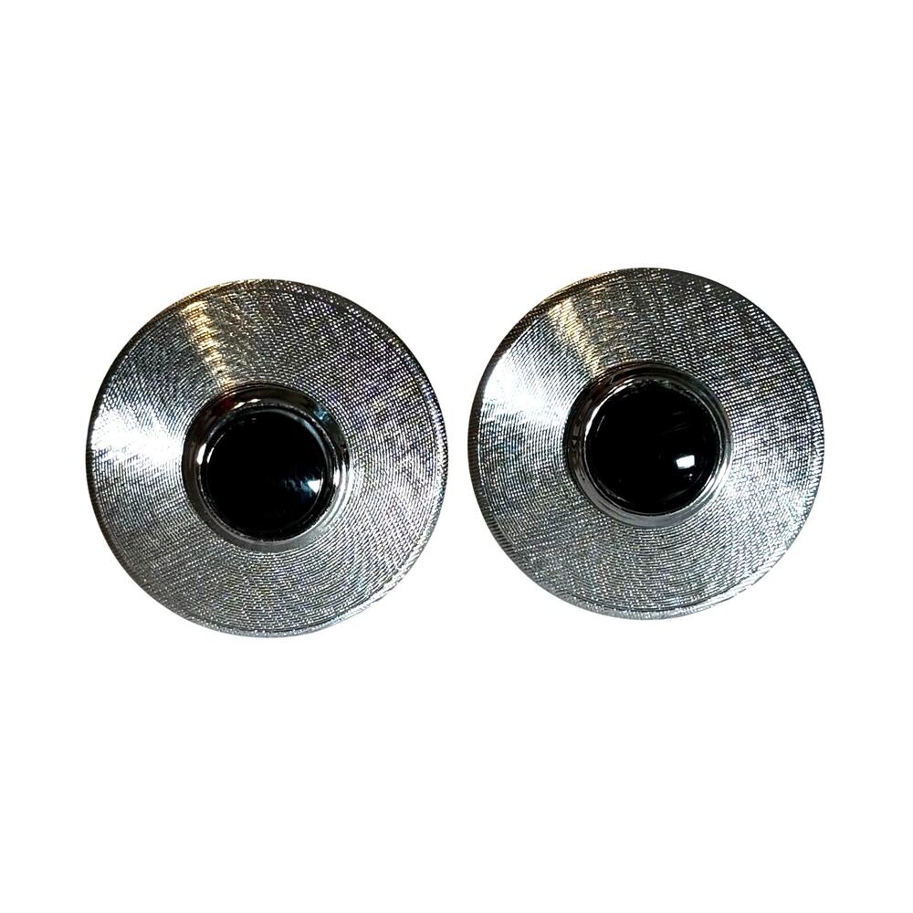 Mid Century silver textured round cufflinks with black enamel centers vintage